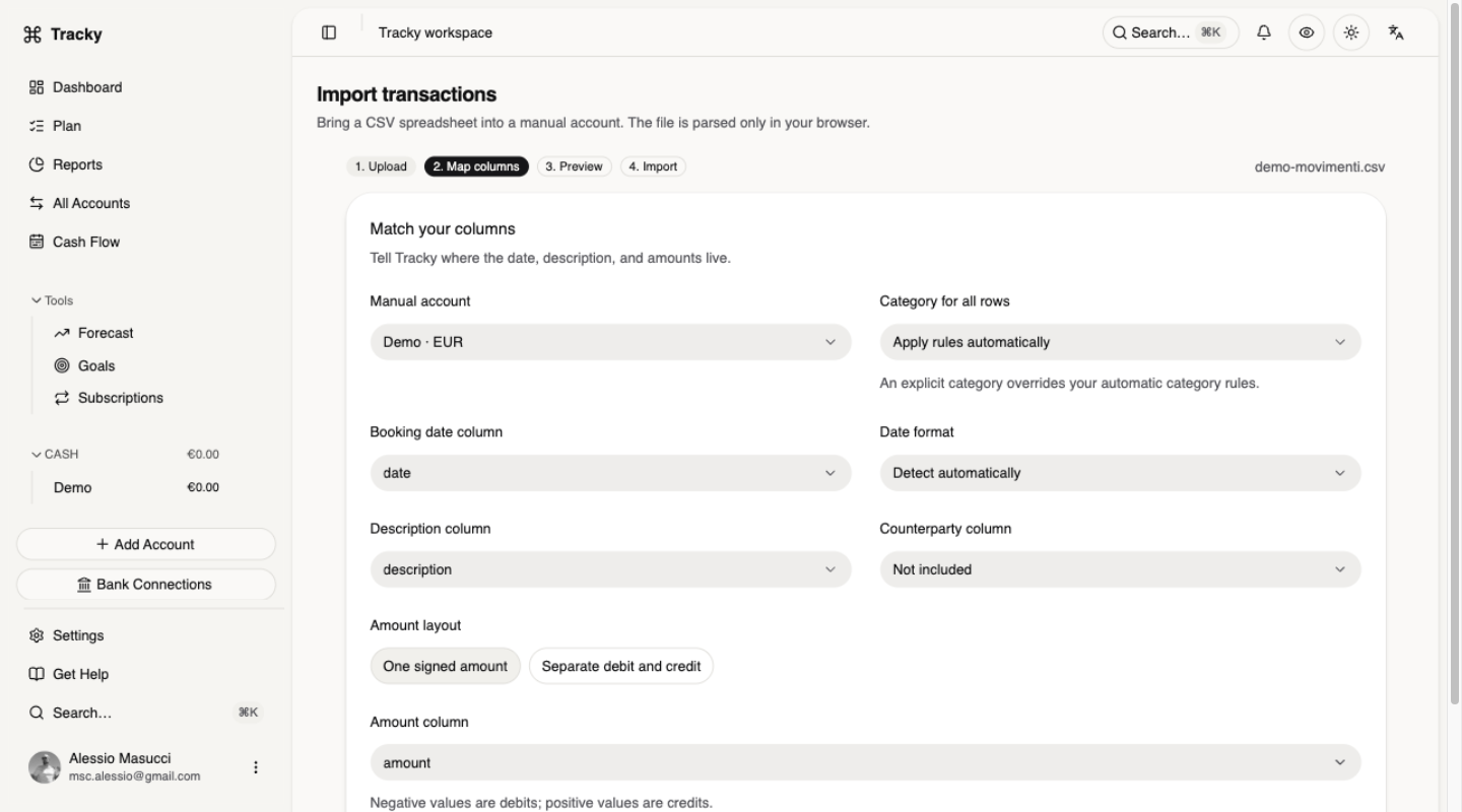 Tracky CSV column mapping: the manual fallback when bank sync is unavailable