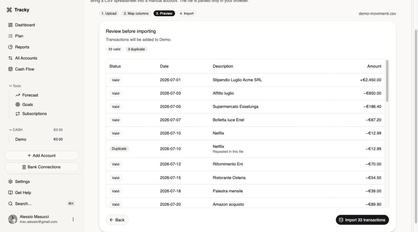 Passo 2 in azione: anteprima CSV di Tracky che valida ogni riga