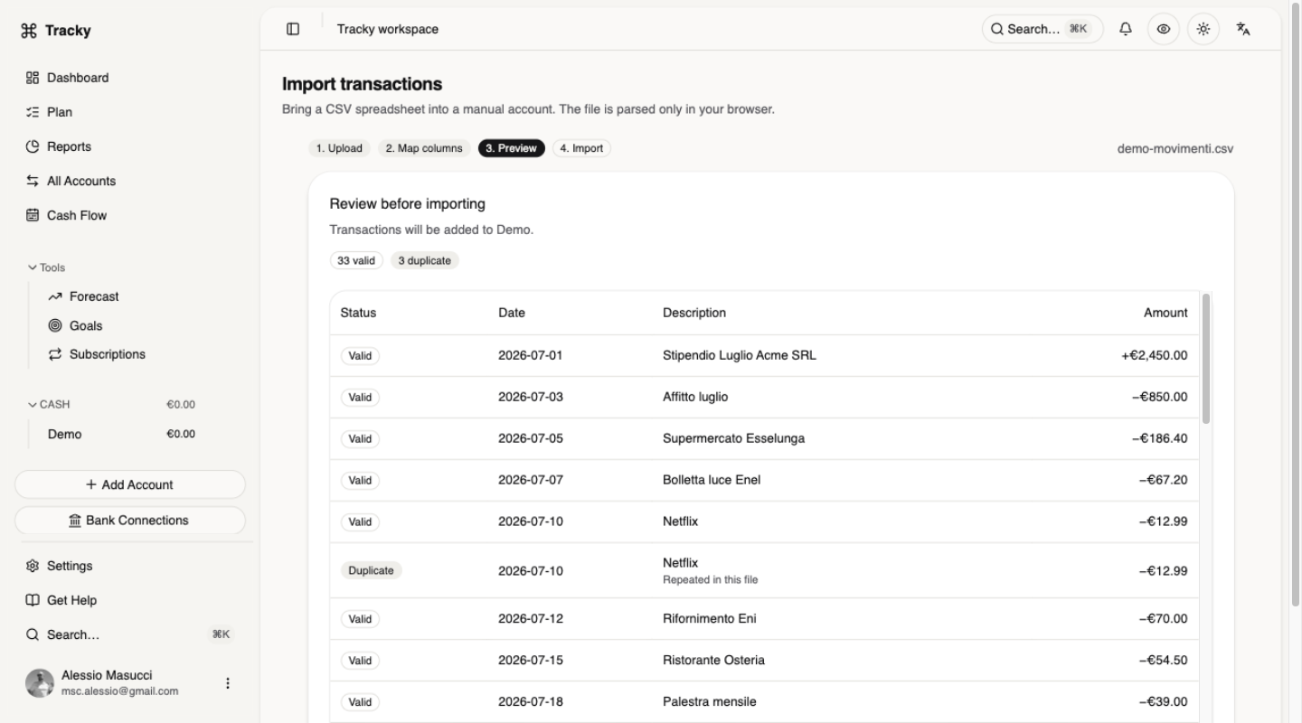 Tracky import result: the anti-spreadsheet — 33 real transactions in minutes